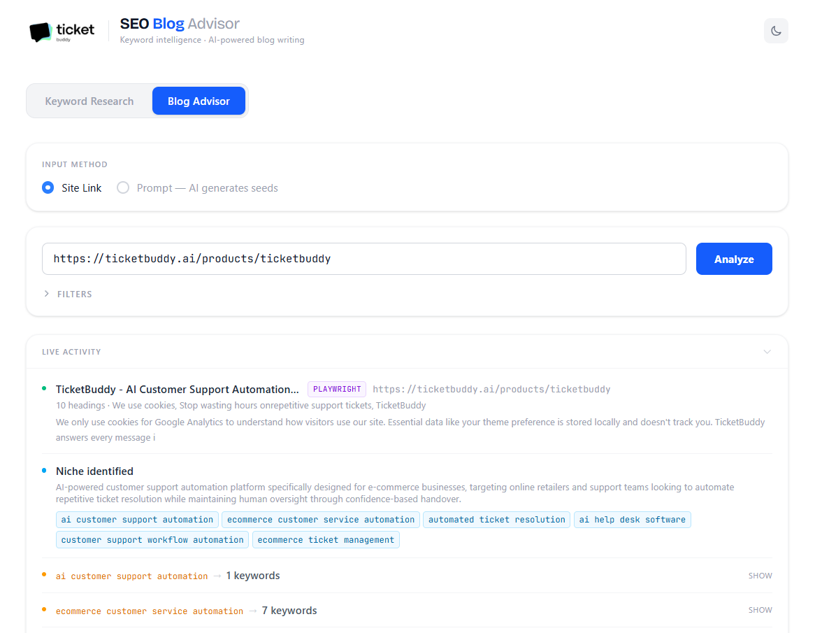 Keyword Buddy SEO Blog Advisor Interface showing site analysis and niche identification